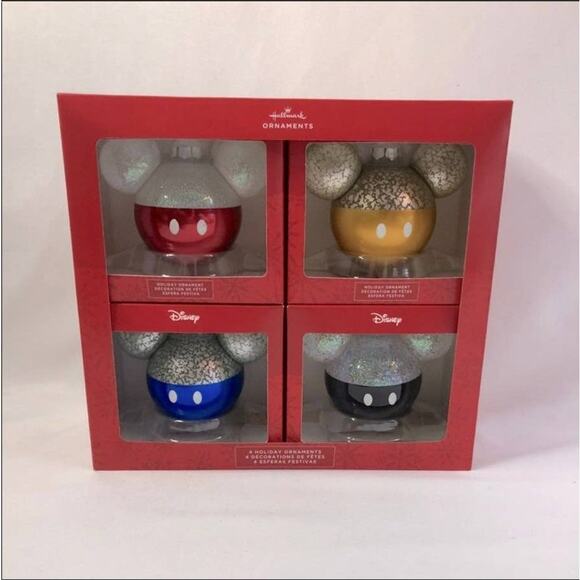 4 New Hallmark Christmas Disney Mickey Mouse Ears Glass Ornaments Black Red Blue - Picture 1 of 6